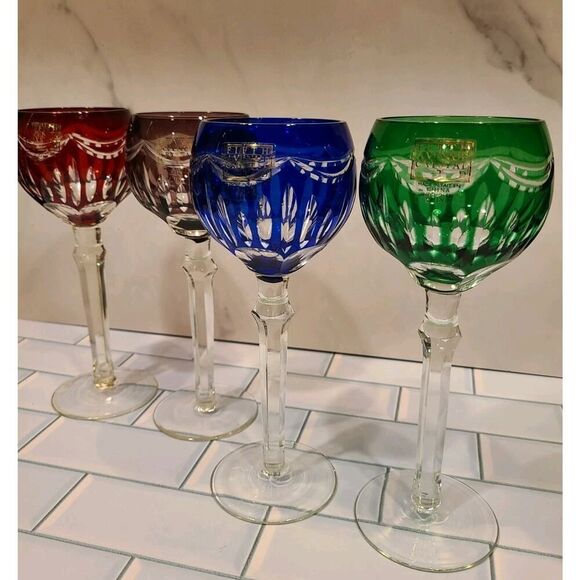 FIFTH AVENUE PRINCESS Set of 4 Cut-To-Clear Wine Goblets Green-Purple-Blue-Red - Picture 3 of 16